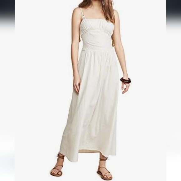 Free People Santorini Midi Dress Pleats Linen Contrast Tie Straps Siz 4 Ecru NWT - Picture 11 of 16